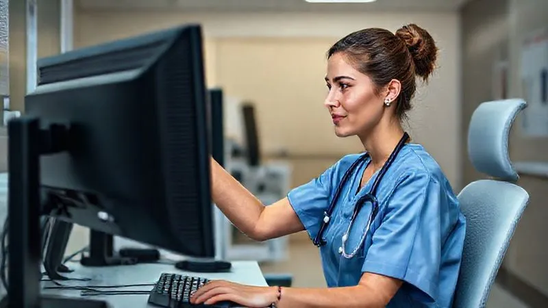 Photorealistic image of a female clinician, in scrubs, sitting ergonomically at a hospital workstation. Her computer screen is at eye level, about an arm's length away. She is adjusting the screen height with a calm, focused expression. The lighting is balanced, minimizing screen glare. Professional photography, 8K, cinematic lighting, sharp focus, depth of field, shot on a high-end DSLR. Photorealistic image of a female clinician, in scrubs, sitting ergonomically at a hospital workstation. Her computer screen is at eye level, about an arm's length away. She is adjusting the screen height with a calm, focused expression. The lighting is balanced, minimizing screen glare. Professional photography, 8K, cinematic lighting, sharp focus, depth of field, shot on a high-end DSLR.
