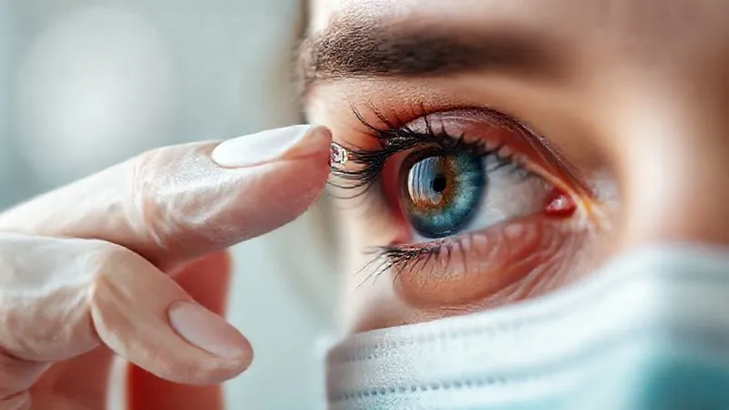 Photorealistic close-up of a clinician's hand gently applying a single drop of preservative-free artificial tears into their eye. The eye is slightly red from fatigue but the expression is one of relief and self-care. The background is softly blurred, hinting at a clinical setting. Professional photography, 8K, cinematic lighting, sharp focus, depth of field, shot on a high-end DSLR. Photorealistic close-up of a clinician's hand gently applying a single drop of preservative-free artificial tears into their eye. The eye is slightly red from fatigue but the expression is one of relief and self-care. The background is softly blurred, hinting at a clinical setting. Professional photography, 8K, cinematic lighting, sharp focus, depth of field, shot on a high-end DSLR.