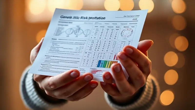 A photorealistic close-up of a person's hands holding a detailed genetic risk report, with complex charts and numbers visible. The background is softly blurred with a warm, encouraging light, symbolizing clarity emerging from complexity. Professional photography, 8K, cinematic lighting, sharp focus, depth of field, shot on a high-end DSLR.