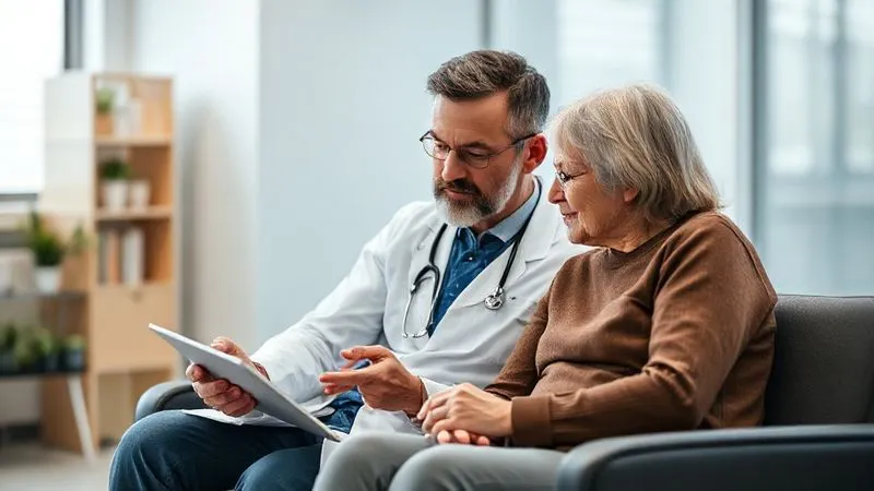 A photorealistic image of a doctor and patient sitting together, both looking at a tablet displaying simplified health data. The doctor is pointing to a section, and the patient looks engaged and understanding. The setting is a modern, bright clinic. Professional photography, 8K, cinematic lighting, sharp focus on their interaction, depth of field, shot on a high-end DSLR.