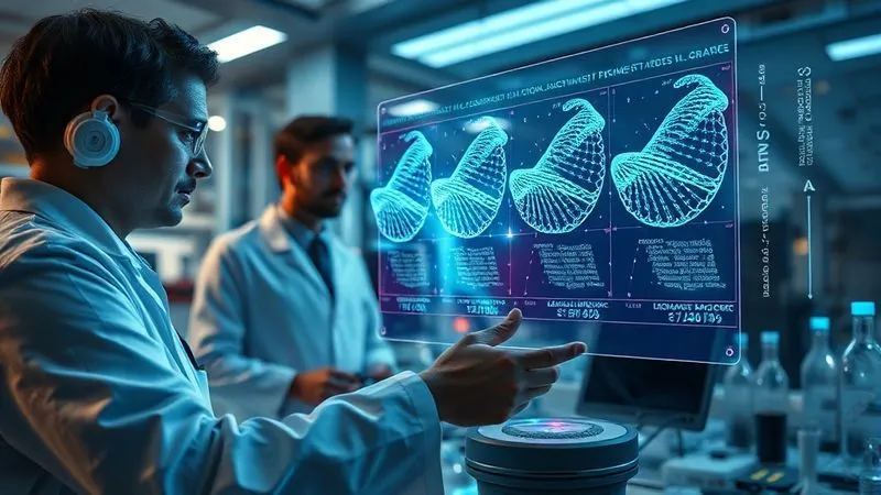A photorealistic, futuristic laboratory scene with advanced AI systems analyzing holographic projections of genetic data. Scientists in the background are observing, representing innovation and discovery in personalized medicine. Professional photography, 8K, cinematic lighting, sharp focus on the technology, depth of field, shot on a high-end DSLR.