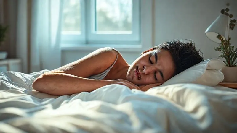 A photorealistic, professional photography, 8K, cinematic lighting, sharp focus, depth of field shot on a high-end DSLR of a person peacefully sleeping in a minimalist, calming bedroom, with soft morning light filtering through a window, symbolizing deep rest and rejuvenation. A faint aura of well-being surrounds them.