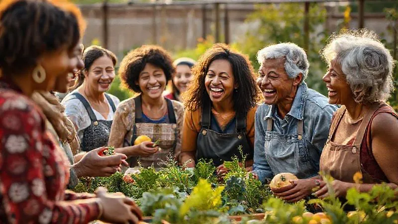 A photorealistic, professional photography, 8K, cinematic lighting, sharp focus, depth of field shot on a high-end DSLR of a diverse group of people of varying ages laughing and engaging in a vibrant community garden, sharing produce and stories. The scene exudes warmth, connection, and joy, symbolizing social well-being.