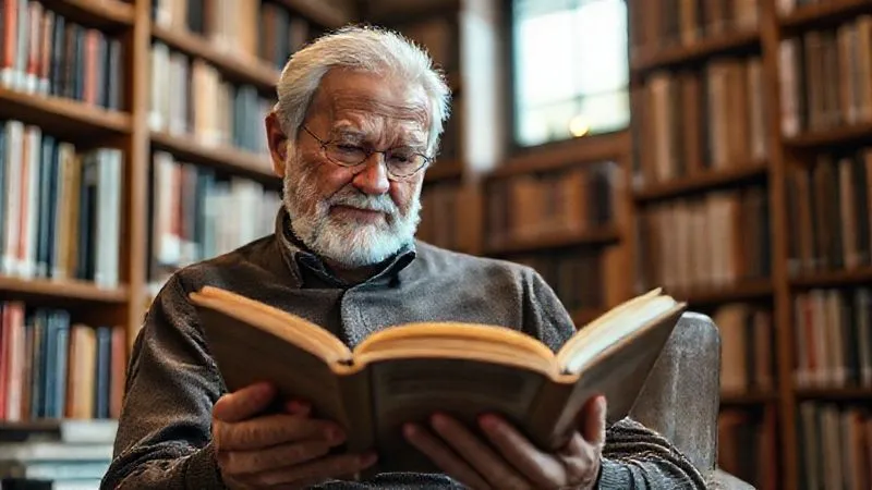 A photorealistic, professional photography, 8K, cinematic lighting, sharp focus, depth of field shot on a high-end DSLR of an elderly person, with a warm, thoughtful expression, engrossed in reading a complex book in a cozy, well-lit library, surrounded by shelves of books, symbolizing lifelong learning and cognitive vitality.