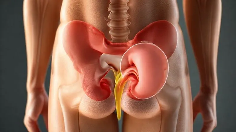 A photorealistic, professional photography, 8K, cinematic lighting, sharp focus, depth of field, shot on a high-end DSLR, showing a detailed anatomical diagram of the male pelvis, highlighting the bladder, prostate, and urethra. The prostate is subtly enlarged, pressing on the urethra, illustrating the common mechanism of obstruction in elderly men. The image should be clear, educational, and clinically accurate, with a soft, natural color palette.