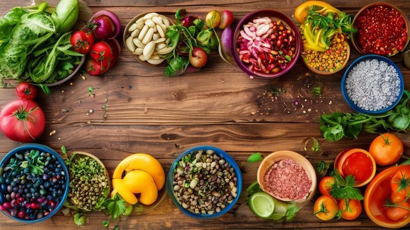 A vibrant, overhead photorealistic flat lay of various healthy food groups artfully arranged on a wooden table, representing balanced macronutrients. Includes lean protein, colorful vegetables, healthy fats, and complex carbohydrates. Professional photography, 8K, cinematic lighting, sharp focus, depth of field, shot on a high-end DSLR. A vibrant, overhead photorealistic flat lay of various healthy food groups artfully arranged on a wooden table, representing balanced macronutrients. Includes lean protein, colorful vegetables, healthy fats, and complex carbohydrates. Professional photography, 8K, cinematic lighting, sharp focus, depth of field, shot on a high-end DSLR.