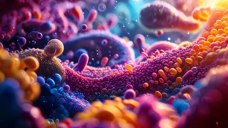 A highly detailed, photorealistic microscopic view of a diverse and thriving gut microbiome, with beneficial bacteria and intricate cellular structures, rendered with scientific accuracy. Soft, warm lighting illuminates the scene. Professional photography, 8K, cinematic lighting, sharp focus, depth of field, shot on a high-end DSLR. A highly detailed, photorealistic microscopic view of a diverse and thriving gut microbiome, with beneficial bacteria and intricate cellular structures, rendered with scientific accuracy. Soft, warm lighting illuminates the scene. Professional photography, 8K, cinematic lighting, sharp focus, depth of field, shot on a high-end DSLR.