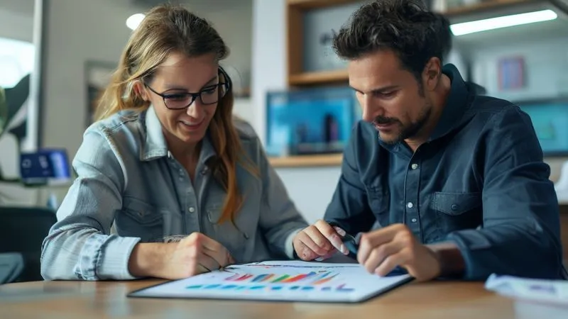 A photorealistic image of a client and a coach reviewing a progress chart on a tablet, with a backdrop of a modern, health-focused consultation room. The chart shows positive trends in health markers. Professional photography, 8K, cinematic lighting, sharp focus on the tablet and faces, depth of field, shot on a high-end DSLR. A photorealistic image of a client and a coach reviewing a progress chart on a tablet, with a backdrop of a modern, health-focused consultation room. The chart shows positive trends in health markers. Professional photography, 8K, cinematic lighting, sharp focus on the tablet and faces, depth of field, shot on a high-end DSLR.