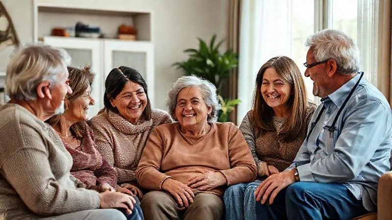 Photorealistic, professional photography, 8K, cinematic lighting, sharp focus, depth of field, shot on a high-end DSLR. A diverse group of people, including family members of varying ages, a supportive friend, and a healthcare professional, gathered around a heart patient, all smiling and engaged in a supportive conversation in a warm, inviting living room setting. The scene should convey empathy, connection, and collective encouragement for health goals, with soft, natural light filtering in. Photorealistic, professional photography, 8K, cinematic lighting, sharp focus, depth of field, shot on a high-end DSLR. A diverse group of people, including family members of varying ages, a supportive friend, and a healthcare professional, gathered around a heart patient, all smiling and engaged in a supportive conversation in a warm, inviting living room setting. The scene should convey empathy, connection, and collective encouragement for health goals, with soft, natural light filtering in.