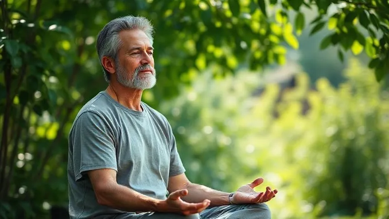 Photorealistic, professional photography, 8K, cinematic lighting, sharp focus, depth of field, shot on a high-end DSLR. A calm, serene individual, appearing as a heart patient, sitting peacefully outdoors in a lush, green garden, perhaps meditating or deep breathing. Sunlight filters through the leaves, creating a tranquil atmosphere. The focus is on their expression of peace and inner strength, symbolizing a positive mindset and self-care in their heart wellness journey. Photorealistic, professional photography, 8K, cinematic lighting, sharp focus, depth of field, shot on a high-end DSLR. A calm, serene individual, appearing as a heart patient, sitting peacefully outdoors in a lush, green garden, perhaps meditating or deep breathing. Sunlight filters through the leaves, creating a tranquil atmosphere. The focus is on their expression of peace and inner strength, symbolizing a positive mindset and self-care in their heart wellness journey.