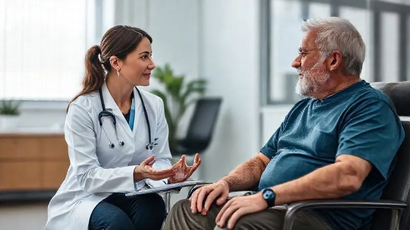 Photorealistic, professional photography, 8K, cinematic lighting, sharp focus, depth of field, shot on a high-end DSLR. An empathetic female doctor or nurse practitioner actively listening and engaging in a conversation with a male heart patient in a modern clinic setting. They are sitting comfortably, making eye contact, and the doctor is perhaps gesturing reassuringly or taking notes. The scene emphasizes clear, compassionate communication and active patient participation. Photorealistic, professional photography, 8K, cinematic lighting, sharp focus, depth of field, shot on a high-end DSLR. An empathetic female doctor or nurse practitioner actively listening and engaging in a conversation with a male heart patient in a modern clinic setting. They are sitting comfortably, making eye contact, and the doctor is perhaps gesturing reassuringly or taking notes. The scene emphasizes clear, compassionate communication and active patient participation.