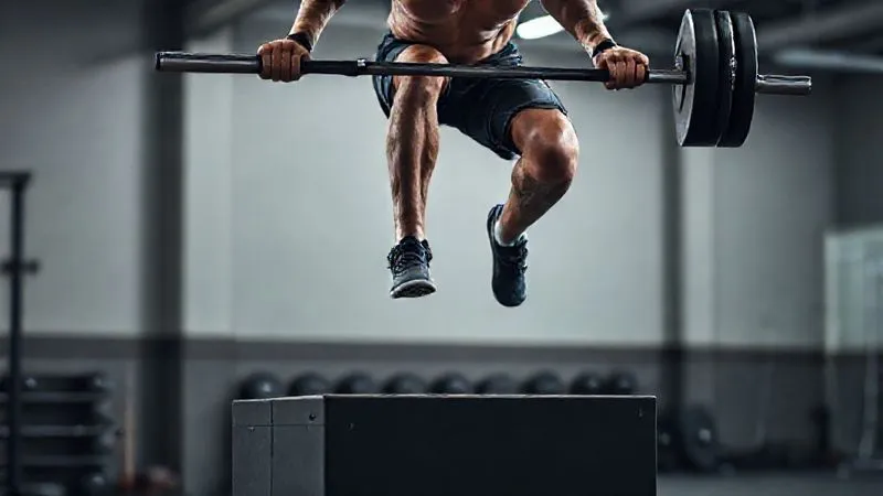 A photorealistic image of an elite athlete performing a box jump, captured mid-air with powerful leg drive. A velocity-based training (VBT) sensor is subtly visible on the barbell or attached to the athlete. Professional photography, 8K, cinematic lighting, sharp focus on the athlete's explosive movement, depth of field blurring the gym background. A photorealistic image of an elite athlete performing a box jump, captured mid-air with powerful leg drive. A velocity-based training (VBT) sensor is subtly visible on the barbell or attached to the athlete. Professional photography, 8K, cinematic lighting, sharp focus on the athlete's explosive movement, depth of field blurring the gym background.