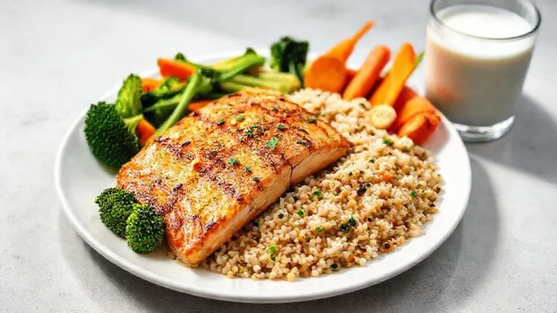 A professional studio shot of a vibrant, balanced athlete's meal: grilled salmon, quinoa, a colorful array of steamed vegetables (broccoli, spinach, carrots), and a glass of milk. The food is arranged aesthetically on a clean white plate with natural light, sharp focus on the meal, depth of field blurring the background, 8K hyper-detailed, shot on a high-end DSLR, conveying health and nourishment. A professional studio shot of a vibrant, balanced athlete's meal: grilled salmon, quinoa, a colorful array of steamed vegetables (broccoli, spinach, carrots), and a glass of milk. The food is arranged aesthetically on a clean white plate with natural light, sharp focus on the meal, depth of field blurring the background, 8K hyper-detailed, shot on a high-end DSLR, conveying health and nourishment.