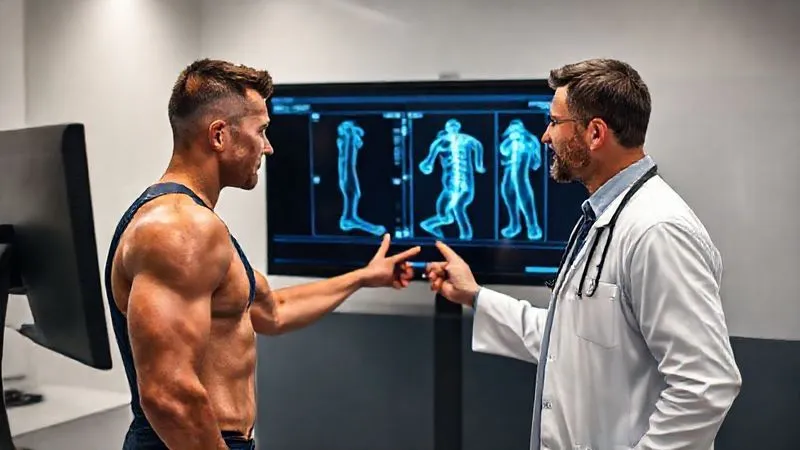 A photorealistic, professional photography shot of a doctor and an elite athlete reviewing a detailed DEXA scan on a monitor in a clean, modern clinic. The athlete looks engaged and understanding, the doctor points to specific areas on the scan. Cinematic lighting, sharp focus on the monitor and faces, depth of field blurring the background, 8K hyper-detailed, shot on a high-end DSLR, conveying trust and advanced care. A photorealistic, professional photography shot of a doctor and an elite athlete reviewing a detailed DEXA scan on a monitor in a clean, modern clinic. The athlete looks engaged and understanding, the doctor points to specific areas on the scan. Cinematic lighting, sharp focus on the monitor and faces, depth of field blurring the background, 8K hyper-detailed, shot on a high-end DSLR, conveying trust and advanced care.