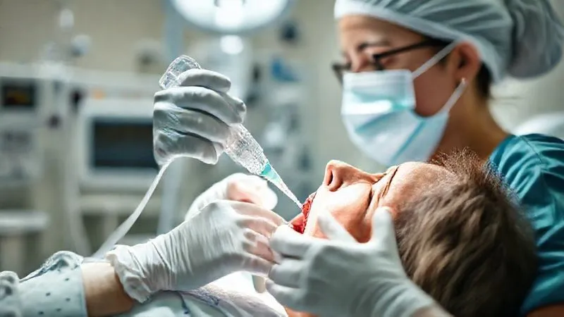 A photorealistic image of a nurse meticulously performing oral care on an intubated patient in an ICU, wearing gloves and mask, with a chlorhexidine solution visible, sterile instruments, soft but clear lighting, sharp focus on the hands and patient's mouth area, depth of field blurring the background medical equipment, conveying careful attention to detail and infection prevention. A photorealistic image of a nurse meticulously performing oral care on an intubated patient in an ICU, wearing gloves and mask, with a chlorhexidine solution visible, sterile instruments, soft but clear lighting, sharp focus on the hands and patient's mouth area, depth of field blurring the background medical equipment, conveying careful attention to detail and infection prevention.