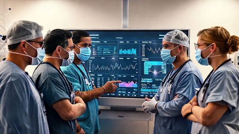 A photorealistic image of a diverse group of medical professionals (doctors, nurses, respiratory therapists) in scrubs and masks gathered around a large digital display in an ICU, reviewing a dashboard showing VAP rates, compliance metrics, and trend lines. They are engaged in a discussion, pointing to data, with a serious yet collaborative expression. Cinematic lighting highlights the screen and their focused faces. 8K, sharp focus, depth of field. A photorealistic image of a diverse group of medical professionals (doctors, nurses, respiratory therapists) in scrubs and masks gathered around a large digital display in an ICU, reviewing a dashboard showing VAP rates, compliance metrics, and trend lines. They are engaged in a discussion, pointing to data, with a serious yet collaborative expression. Cinematic lighting highlights the screen and their focused faces. 8K, sharp focus, depth of field.