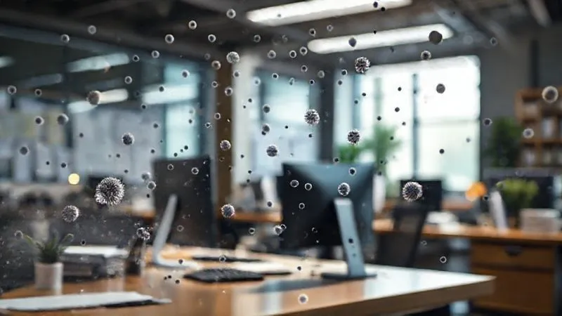 Photorealistic image of a subtle, transparent cloud of airborne particles and microscopic pathogens swirling around a busy office desk, with a focused professional working, cinematic lighting, sharp focus on the desk, depth of field blurring the background, 8K hyper-detailed.