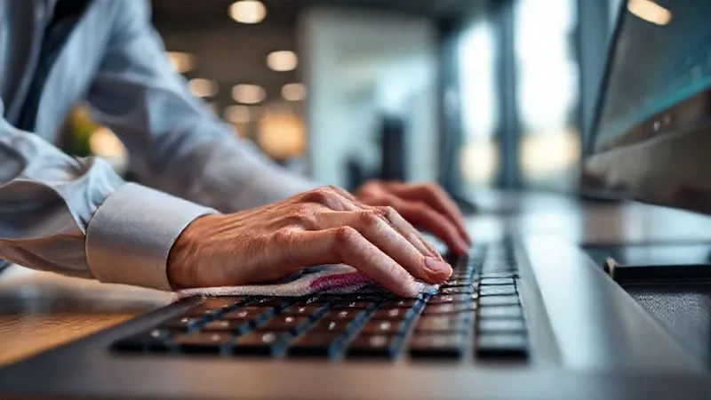 A photorealistic, close-up shot of a professional's hands meticulously wiping down a computer keyboard with a disinfectant wipe in a modern office, cinematic lighting, sharp focus on the hands and keyboard, depth of field blurring the background, 8K hyper-detailed, conveying cleanliness and diligence.