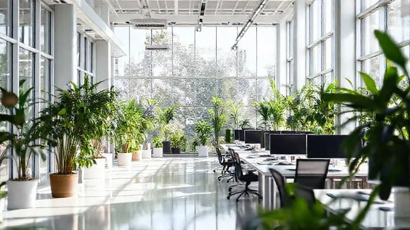 A photorealistic, bright and modern open-plan office space with large windows, lush green plants, and subtle air purification units visible, conveying a healthy and vibrant work environment, cinematic lighting, sharp focus on the clean aesthetic, depth of field blurring distant desks, 8K hyper-detailed.