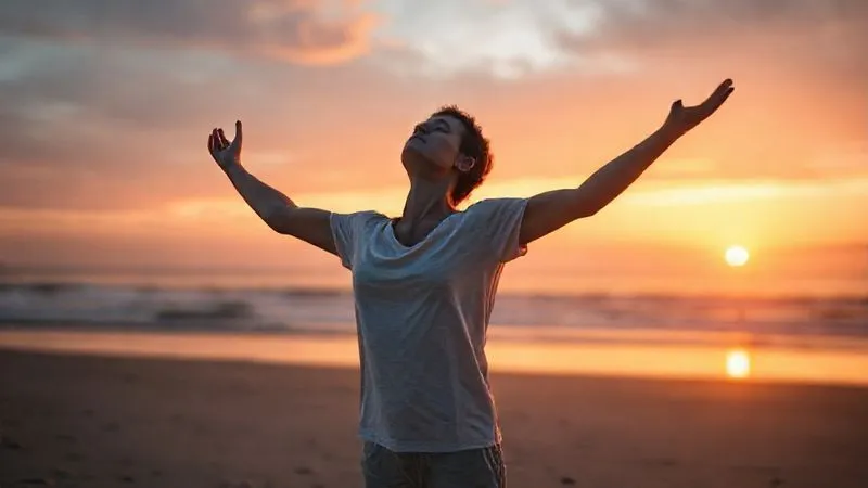 A photorealistic image of a person standing on a beach at sunrise, gently stretching with eyes closed, hands open to the sky. The light is soft and warm, symbolizing peace and reconnection with the body. Professional photography, 8K, cinematic lighting, sharp focus, depth of field, shot on a high-end DSLR.