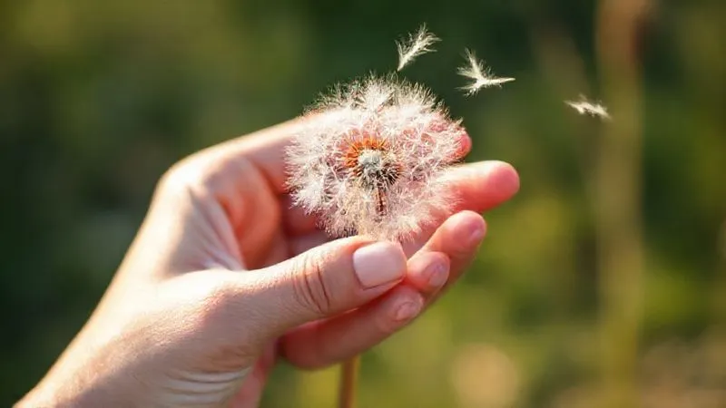 A photorealistic image of a person's hands gently holding a single, vibrant dandelion puff, with seeds softly scattering in the wind, symbolizing delicate new beginnings and the slow, gentle release of past burdens. Soft, warm lighting, natural background. Professional photography, 8K, cinematic lighting, sharp focus, depth of field, shot on a high-end DSLR.
