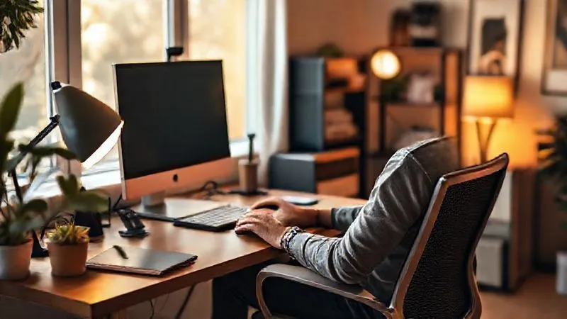 A photorealistic image of a meticulously organized and ergonomically optimized home office. A person is comfortably seated at a desk with a monitor at eye level, ambient lighting from a soft desk lamp, and a plant nearby. The scene is bathed in warm, natural light, conveying a sense of calm productivity. Sharp focus on the ergonomic setup, depth of field blurring the background, 8K hyper-detailed, professional photography, cinematic lighting, shot on a high-end DSLR. A photorealistic image of a meticulously organized and ergonomically optimized home office. A person is comfortably seated at a desk with a monitor at eye level, ambient lighting from a soft desk lamp, and a plant nearby. The scene is bathed in warm, natural light, conveying a sense of calm productivity. Sharp focus on the ergonomic setup, depth of field blurring the background, 8K hyper-detailed, professional photography, cinematic lighting, shot on a high-end DSLR.