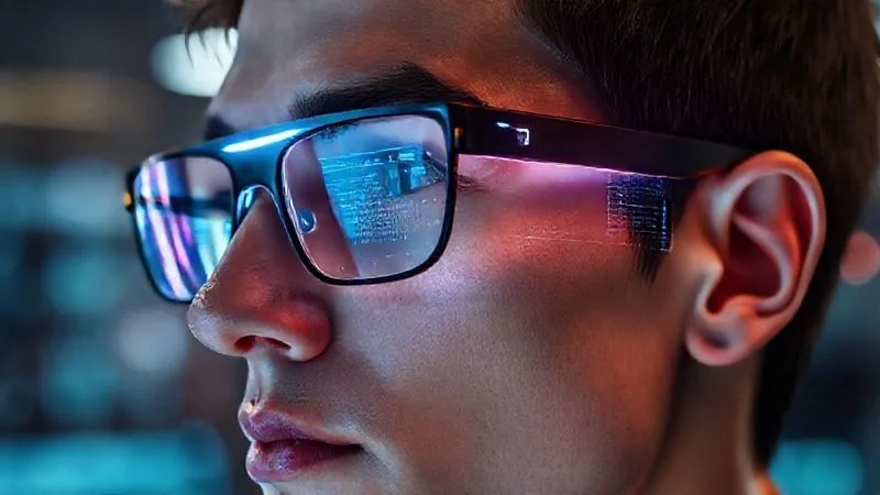 A photorealistic image of an individual wearing sleek, futuristic smart glasses, with subtle glowing lines indicating eye-tracking technology. A transparent, holographic overlay shows data visualizations of eye movement patterns and blink rates, symbolizing AI-powered diagnostics. The background is a blurred, high-tech workspace. Sharp focus on the glasses and holographic data, depth of field, 8K hyper-detailed, professional photography, cinematic lighting, shot on a high-end DSLR. A photorealistic image of an individual wearing sleek, futuristic smart glasses, with subtle glowing lines indicating eye-tracking technology. A transparent, holographic overlay shows data visualizations of eye movement patterns and blink rates, symbolizing AI-powered diagnostics. The background is a blurred, high-tech workspace. Sharp focus on the glasses and holographic data, depth of field, 8K hyper-detailed, professional photography, cinematic lighting, shot on a high-end DSLR.