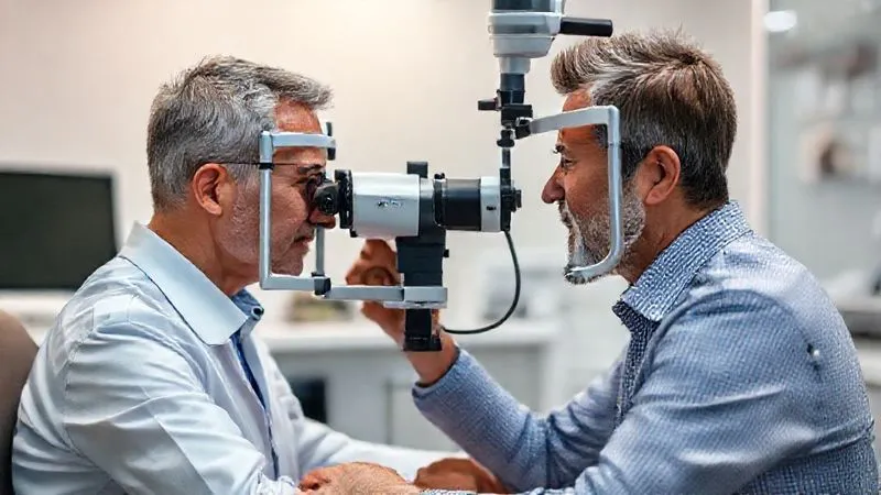 A photorealistic image of an optometrist performing a comprehensive eye exam on a patient, using modern ophthalmic equipment. The patient looks comfortable and engaged. The setting is a clean, professional eye clinic with soft, diffused lighting. Sharp focus on the interaction, depth of field blurring the background, 8K hyper-detailed, professional photography, cinematic lighting, shot on a high-end DSLR. A photorealistic image of an optometrist performing a comprehensive eye exam on a patient, using modern ophthalmic equipment. The patient looks comfortable and engaged. The setting is a clean, professional eye clinic with soft, diffused lighting. Sharp focus on the interaction, depth of field blurring the background, 8K hyper-detailed, professional photography, cinematic lighting, shot on a high-end DSLR.