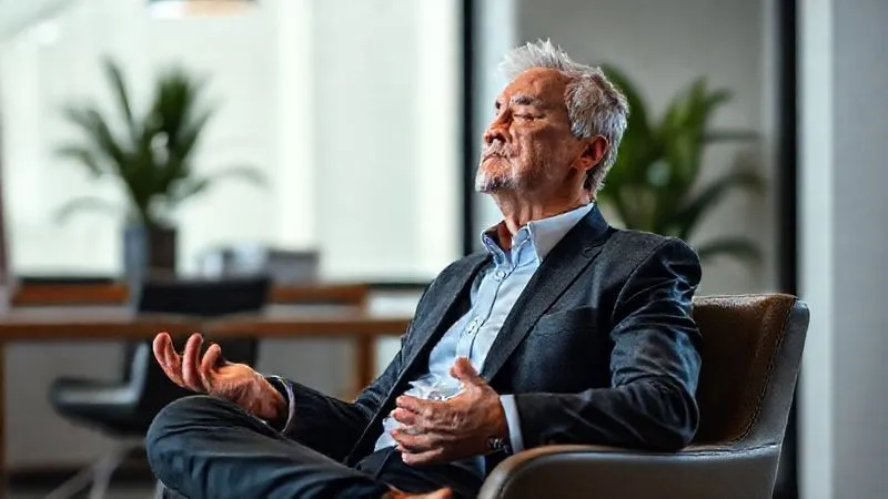 photorealistic, professional photography, 8K, cinematic lighting, sharp focus, depth of field, shot on a high-end DSLR, a distinguished executive, mid-fifties, in a modern, minimalist office space, sitting in a comfortable chair with eyes closed, hands gently resting on their lap, practicing a moment of mindfulness or meditation. The lighting is soft and calming, conveying tranquility and mental clarity amidst a busy professional environment.