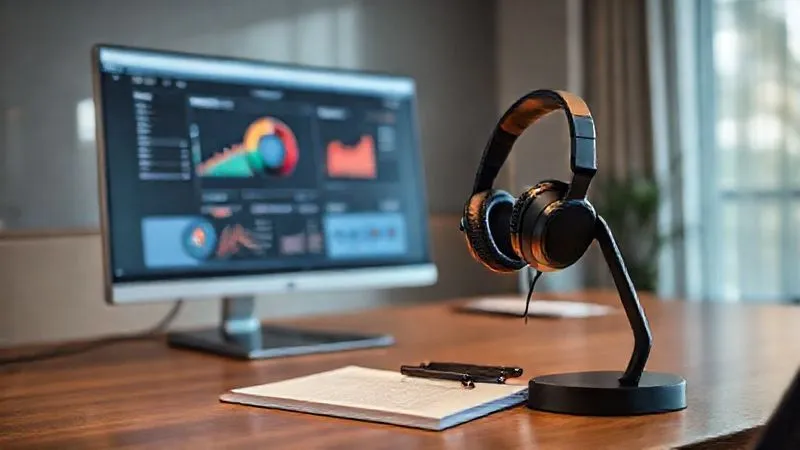 photorealistic, professional photography, 8K, cinematic lighting, sharp focus, depth of field, shot on a high-end DSLR, a sleek, modern executive desk setup with a high-resolution monitor displaying a productivity dashboard, noise-cancelling headphones resting on a stand, and a smart pen and notebook. The scene conveys efficient, focused work enabled by advanced technology, symbolizing a commitment to preventing cognitive decline and optimizing executive performance.