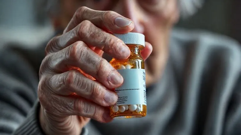 A close-up, photorealistic image of an elderly person's hand holding a pill bottle, with a worried expression subtly visible in the background, symbolizing medication side effects impacting health. Professional photography, 8K, cinematic lighting, sharp focus on the pill bottle, depth of field blurring the background, shot on a high-end DSLR.