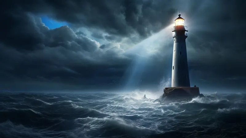 A photorealistic image of a lighthouse standing firm against a stormy sea, its beam cutting through the dark clouds to illuminate a small, distant boat. Symbolizes persistence, guidance, and hope amidst challenges. Cinematic lighting, 8K, sharp focus on the lighthouse, depth of field blurring the tumultuous sea. A photorealistic image of a lighthouse standing firm against a stormy sea, its beam cutting through the dark clouds to illuminate a small, distant boat. Symbolizes persistence, guidance, and hope amidst challenges. Cinematic lighting, 8K, sharp focus on the lighthouse, depth of field blurring the tumultuous sea.
