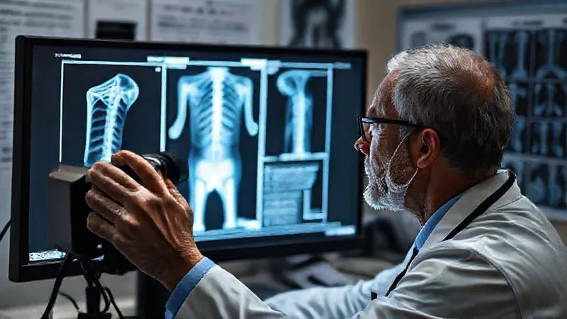 photorealistic, professional photography, 8K, cinematic lighting, sharp focus, depth of field, shot on a high-end DSLR, a radiologist or doctor meticulously examining a high-resolution bone density (DEXA) scan image on a computer screen, with medical charts and x-rays in the background, conveying a sense of detailed diagnostic review, emotionally resonant. photorealistic, professional photography, 8K, cinematic lighting, sharp focus, depth of field, shot on a high-end DSLR, a radiologist or doctor meticulously examining a high-resolution bone density (DEXA) scan image on a computer screen, with medical charts and x-rays in the background, conveying a sense of detailed diagnostic review, emotionally resonant.