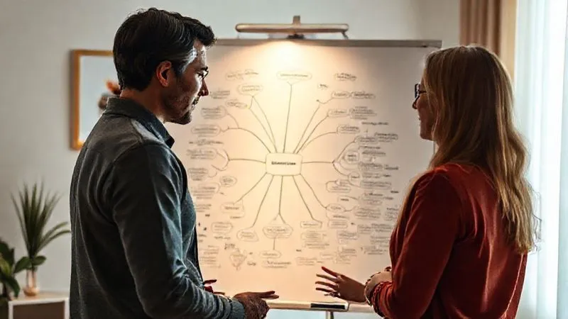 photorealistic, professional photography, 8K, cinematic lighting, sharp focus, depth of field, shot on a high-end DSLR, a therapist and client collaboratively reviewing a complex mind map on a whiteboard, the map showing interconnected thoughts, feelings, and life events, a sense of deep concentration and understanding, soft diffused light illuminating the scene, warm and inviting office environment.