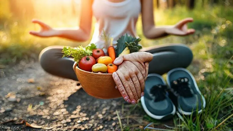 photorealistic, professional photography, 8K, cinematic lighting, sharp focus, depth of field, shot on a high-end DSLR, a visually balanced composition showing elements of a healthy lifestyle: a person meditating peacefully, a vibrant bowl of fresh fruit and vegetables, a pair of running shoes on a trail, and two hands gently clasped in connection, all subtly interconnected, soft natural light, harmonious and calming colors.