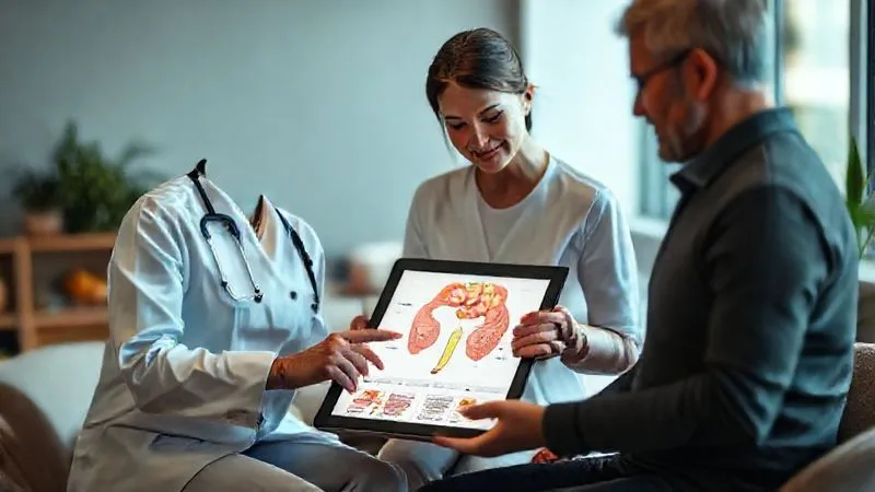 A photorealistic image of a nutritionist consulting with a client, both looking at a tablet displaying a gut health diagram, in a professional, empathetic setting. The nutritionist points to a specific area on the diagram, conveying expertise and care. 8K, cinematic lighting, sharp focus on their interaction, with a shallow depth of field blurring the background. A photorealistic image of a nutritionist consulting with a client, both looking at a tablet displaying a gut health diagram, in a professional, empathetic setting. The nutritionist points to a specific area on the diagram, conveying expertise and care. 8K, cinematic lighting, sharp focus on their interaction, with a shallow depth of field blurring the background.