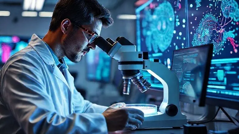 A photorealistic, high-tech laboratory setting with a scientist examining a petri dish under a microscope, surrounded by glowing screens displaying complex microbiome data. The scientist is wearing a lab coat and safety glasses, with focused intensity on the sample. 8K, cinematic lighting, sharp focus on the microscope and screen, with a shallow depth of field. A photorealistic, high-tech laboratory setting with a scientist examining a petri dish under a microscope, surrounded by glowing screens displaying complex microbiome data. The scientist is wearing a lab coat and safety glasses, with focused intensity on the sample. 8K, cinematic lighting, sharp focus on the microscope and screen, with a shallow depth of field.