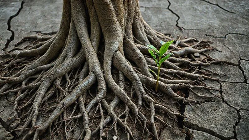 Photorealistic, professional photography, 8K, cinematic lighting, sharp focus, depth of field, shot on a high-end DSLR. A complex network of intertwined, gnarled tree roots pushing through cracked concrete, symbolizing deeply ingrained resistance and the struggle to break free, with a single new green shoot emerging nearby. Photorealistic, professional photography, 8K, cinematic lighting, sharp focus, depth of field, shot on a high-end DSLR. A complex network of intertwined, gnarled tree roots pushing through cracked concrete, symbolizing deeply ingrained resistance and the struggle to break free, with a single new green shoot emerging nearby.