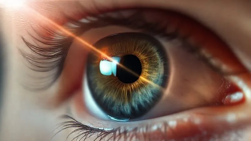 A photorealistic, professional photography shot of a human eye with a detailed, subtle overlay showing light rays bending through the cornea and lens, illustrating complex ocular biomechanics and a slight imperfection in focus. 8K, cinematic lighting, sharp focus on the eye's surface, depth of field blurring the background, conveying precision and complexity.