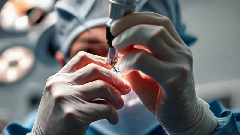 A photorealistic, professional photography shot of a surgeon's hands meticulously performing a delicate eye procedure with advanced laser equipment in a sterile operating room, focusing on precision and high-tech instruments. 8K, cinematic lighting, sharp focus on the surgical field, depth of field blurring the background, conveying expert medical intervention.