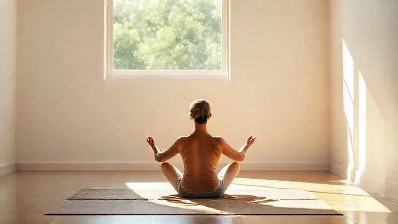 A photorealistic image of a person sitting peacefully in a sunlit room, practicing a gentle yoga pose or meditation. The scene is calm and serene, with soft, diffused light, sharp focus on the person, depth of field blurring the simple, natural background, 8K, professional photography, shot on a high-end DSLR.