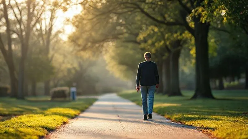 A photorealistic image of a person walking gently along a serene path in a park during early morning or late afternoon, soft sunlight filtering through trees. The person appears calm and focused, with a subtle sense of ease, sharp focus on the person, depth of field blurring the natural surroundings, 8K, professional photography, shot on a high-end DSLR.