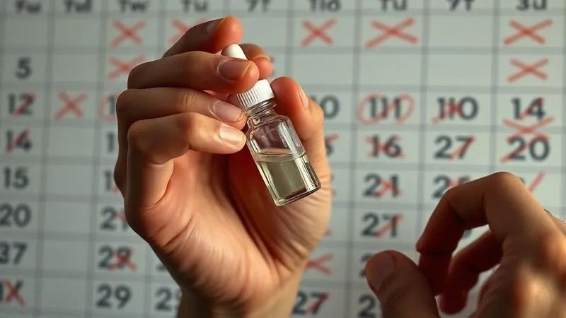 A photorealistic image of a person's hand struggling to hold a small eye drop bottle, with a blurred background showing a calendar with many crossed-out dates, cinematic lighting, sharp focus on the hand, conveying frustration and difficulty with medication administration. A photorealistic image of a person's hand struggling to hold a small eye drop bottle, with a blurred background showing a calendar with many crossed-out dates, cinematic lighting, sharp focus on the hand, conveying frustration and difficulty with medication administration.