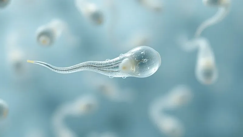 Photorealistic, professional photography, 8K, cinematic lighting, sharp focus, depth of field, shot on a high-end DSLR. A highly magnified, detailed microscopic view of human sperm, with some showing subtle signs of DNA fragmentation, against a sterile, clinical background. The focus is on the intricate structure of the sperm head and tail, highlighting subtle imperfections.
