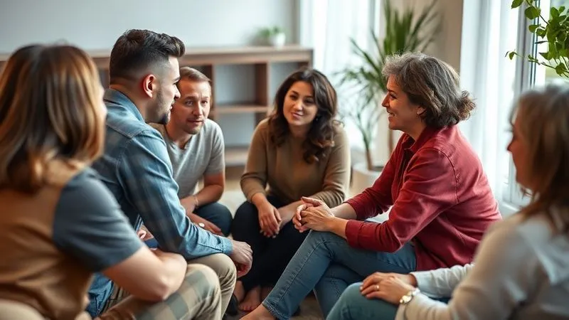 Photorealistic, professional photography, 8K, cinematic lighting, sharp focus, depth of field, shot on a high-end DSLR. A diverse group of people (couples and individuals) sitting in a supportive circle, engaged in a conversation with a empathetic counselor. The atmosphere is warm, understanding, and hopeful, conveying a sense of community and shared experience in a modern, comfortable setting.