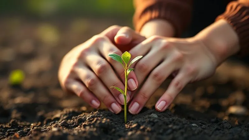 Photorealistic, professional photography, 8K, cinematic lighting, sharp focus, depth of field, shot on a high-end DSLR. A close-up of two hands, one male and one female, gently clasped together, with a small, tender green sprout emerging from the soil in the background, out of focus. The image conveys hope, growth, and gentle perseverance after a long journey, with warm, soft lighting.