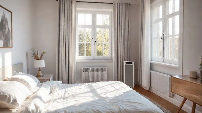 A photorealistic, professional photography, 8K image of a clean, minimalist bedroom with an air purifier subtly visible, sunlight streaming through closed windows, suggesting a controlled allergen environment. Cinematic lighting, sharp focus on the bedroom elements, depth of field, shot on a high-end DSLR. A photorealistic, professional photography, 8K image of a clean, minimalist bedroom with an air purifier subtly visible, sunlight streaming through closed windows, suggesting a controlled allergen environment. Cinematic lighting, sharp focus on the bedroom elements, depth of field, shot on a high-end DSLR.