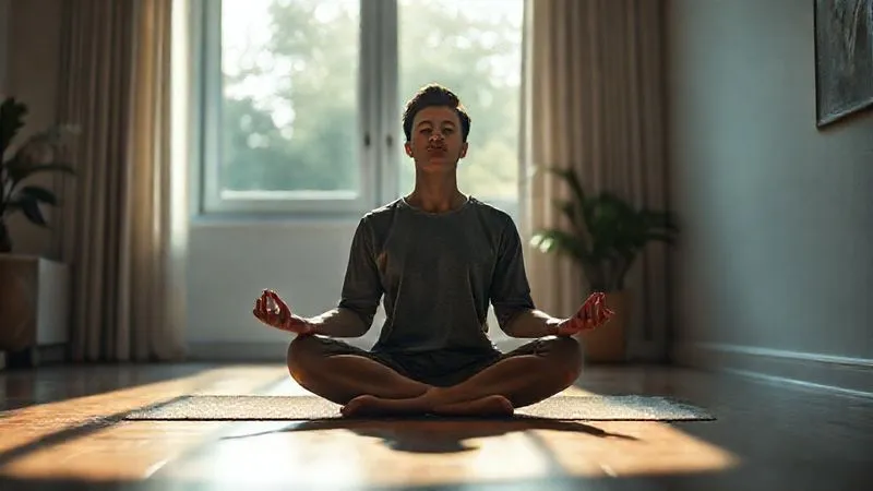 A photorealistic, professional photography, 8K image depicting a person meditating peacefully in a softly lit, modern room. The atmosphere is calm and serene, with a subtle hint of nature outside a window. Cinematic lighting, sharp focus on the person, depth of field, shot on a high-end DSLR. A photorealistic, professional photography, 8K image depicting a person meditating peacefully in a softly lit, modern room. The atmosphere is calm and serene, with a subtle hint of nature outside a window. Cinematic lighting, sharp focus on the person, depth of field, shot on a high-end DSLR.