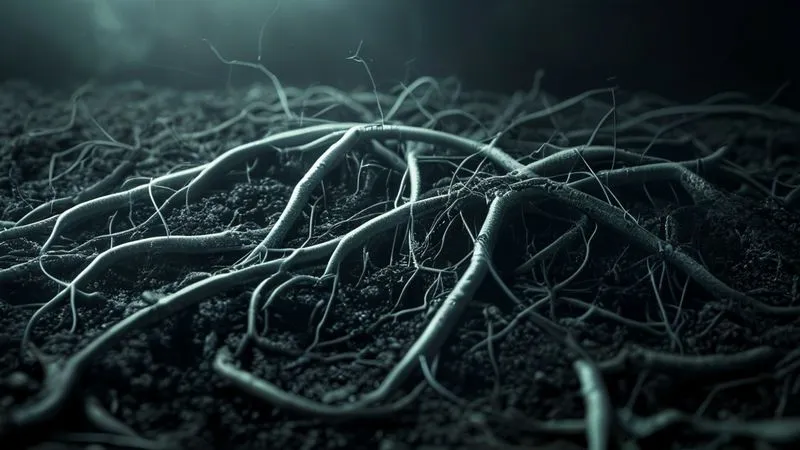 photorealistic, professional photography, 8K, cinematic lighting, sharp focus, depth of field, shot on a high-end DSLR. A tangled web of roots extending deep into the earth, with some roots glowing faintly, symbolizing complex, intertwined underlying causes of stubborn insomnia. The roots are partially exposed in a cross-section of soil, showing intricate connections. The lighting is dramatic, highlighting the complexity and depth, with a sense of discovery and analytical insight. No text or human elements. photorealistic, professional photography, 8K, cinematic lighting, sharp focus, depth of field, shot on a high-end DSLR. A tangled web of roots extending deep into the earth, with some roots glowing faintly, symbolizing complex, intertwined underlying causes of stubborn insomnia. The roots are partially exposed in a cross-section of soil, showing intricate connections. The lighting is dramatic, highlighting the complexity and depth, with a sense of discovery and analytical insight. No text or human elements.