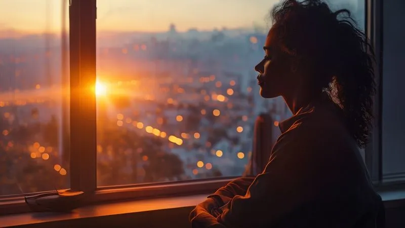 photorealistic, professional photography, 8K, cinematic lighting, sharp focus, depth of field, shot on a high-end DSLR. A person sitting by a window at dawn, bathed in the warm, golden light of a sunrise, with a specialized light therapy lamp gently illuminating their face. The scene conveys serenity and the natural rhythm of morning light. The background shows a peaceful, waking cityscape. The focus is on the person and the lamp, symbolizing natural and therapeutic light intervention. photorealistic, professional photography, 8K, cinematic lighting, sharp focus, depth of field, shot on a high-end DSLR. A person sitting by a window at dawn, bathed in the warm, golden light of a sunrise, with a specialized light therapy lamp gently illuminating their face. The scene conveys serenity and the natural rhythm of morning light. The background shows a peaceful, waking cityscape. The focus is on the person and the lamp, symbolizing natural and therapeutic light intervention.